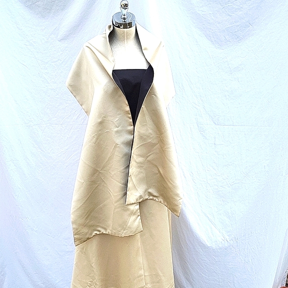 Ladies strapless evening gown, black top, gold/taupe bottom, sateen, wrap, sz 10 - Picture 3 of 14